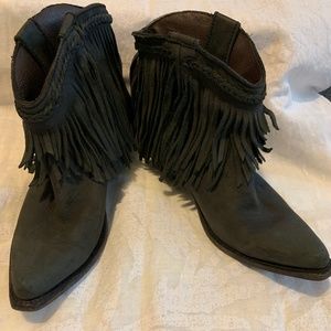 Gray nubuck leather fringed cowboy ankle boots